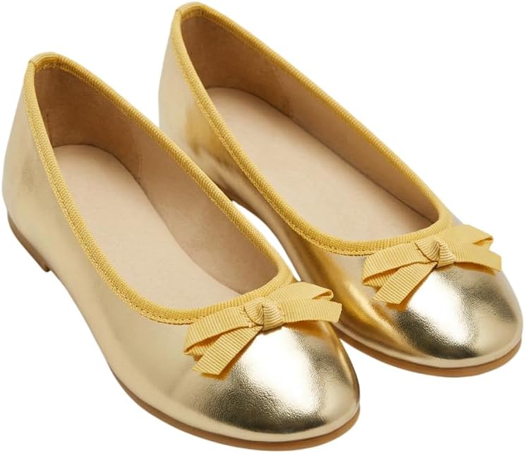 SIRRI Girls Gold Ballerina Flat Shoes Metallic Bow Front Party Wedding Ballet Pumps