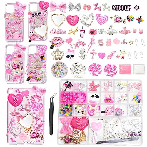 hitwty Junk Case Charms DIY Kit with Pink Bows Silver Stars Butterfly For DIY Clear Phone Charm Y2K Junk Phone Case Charms Kit Cute Decorative For Customizing Craft Accessories Pink