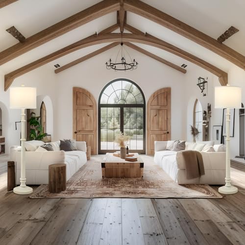 Image of Floor Lamps for Living Room - 60 inch Farmhouse Floor Lamp with Adjustable Color Temperatures - Vintage Standing Lamp Reading Light with Linen Shade Retro Tall Lamp for Bedroom Office, Almond White