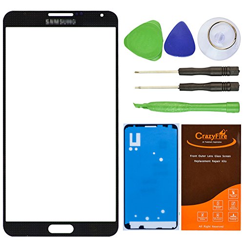 CrazyFire Black New Front Outer Glass Lens Screen Replacement For Samsung Galaxy Note III Note 3 N9000 N900A N900P N900T N900V N900R4+Adhesive Tape+Tools Kit