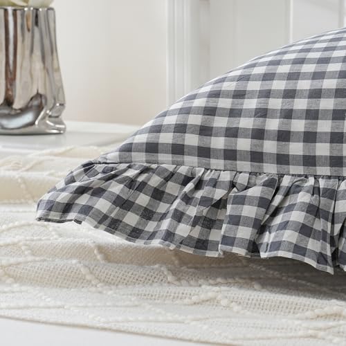 Grey/White Plaid Ruffled Checkered Body Pillow Sham 20x54 inches 1 Piece, Washed Cotton Vintage Farmhouse Bed Body Pillow Cover for Bed/Sofa