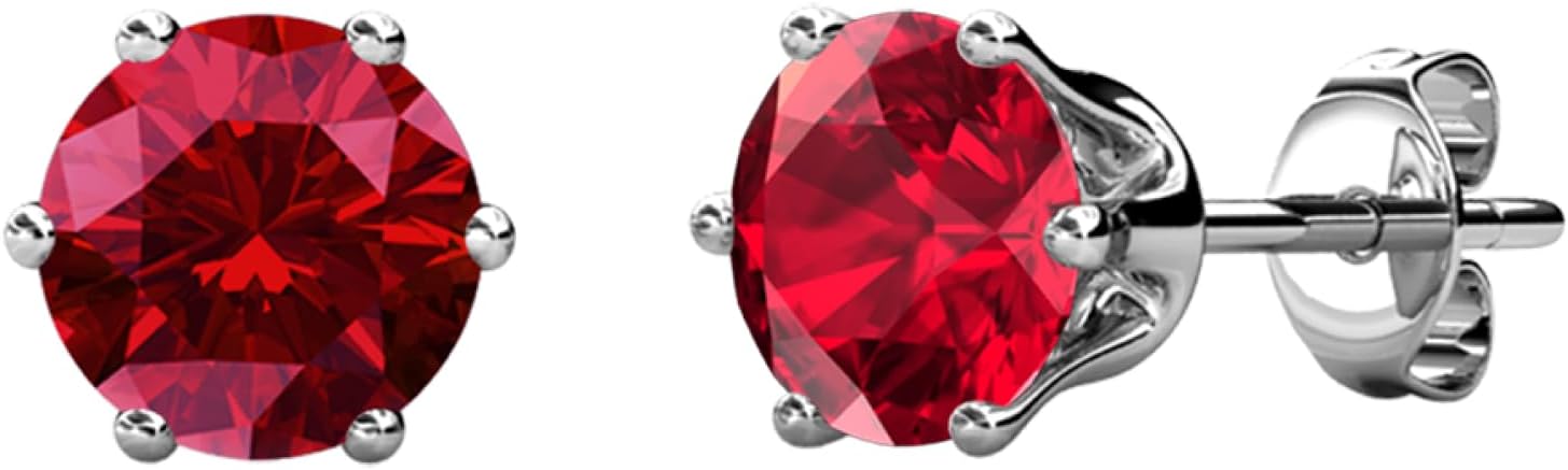 Cate & Chloe 18k White Gold-Plated Birthstone Stud Earrings with Solitaire 1ct Simulated Diamond Crystals, Ruby Birthstone Earrings for Women, Gift for Her on Christmas, Anniversary, Birthday