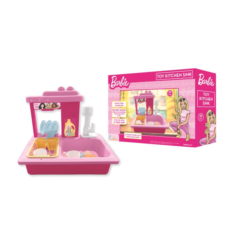 Image of Barbie Kitchen Sink Playset for Kids- 22-Piece Pretend Play Dishwashing Set with Electric Faucet & Automatic Water Recycle System,Rotating Faucet,Educational Role Play Toy for Girls Ages 3+