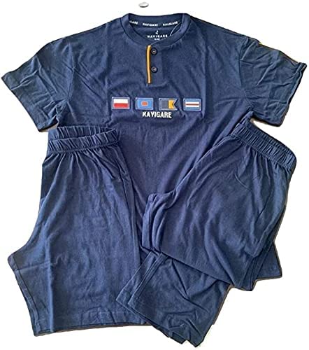 Navigare Pigiama Uomo Tre Pezzi Mezze Maniche Pantalone Corto + Lungo Serafino Art. B2141200T (Blu Navy, 54/XXL)
