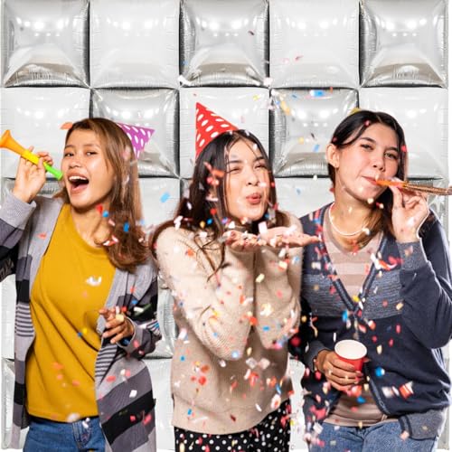 Image of Pearl White and Silver Double Sided Square Foil Balloons Wall,19 Inches Metallic Foil Balloons Tunnel Arch Kit for Bachelorette,Anniversary,Wedding,2026 Graduation,Birthday Party Background Decoration