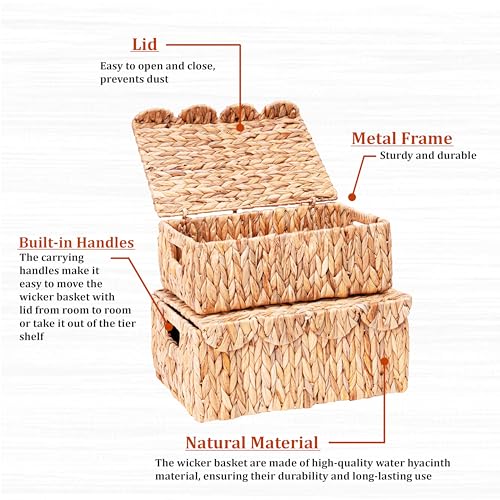 Scalloped Edge Wicker Basket with Lids, Rectangle Wicker Storage Basket with Built-in Handles, Multipurpose Organizer Rattan Display Boxes for Shelf, Nursery Room, Set of 2 - Image 3