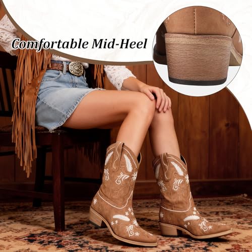 Image of LingxiaUne Cowboy Boots for Women Floral Cowgirl Boots with Pointed Toe and Chunky Heel Mid Calf Western Boot for Concert Festival Country Night Party