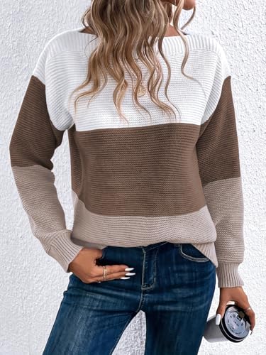 Womens Long Sleeve Crew Neck Color Block Fall Fashion Knitted Pullover Sweaters Jumper Tops2