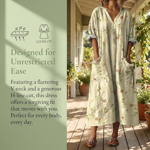 Vestido maxi bohemio de lino y algodón con bolsillos estilo retro 4