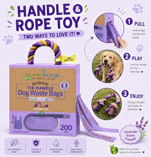 Image of Greenbone Poop Bags for Dogs with Handles Lavender Scent Purple with Bonus Rope Pet Toy, 200 Count on Single Roll, Plant Based