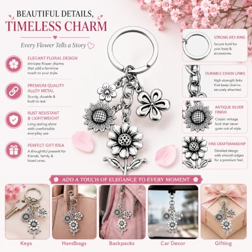 Image of JB'S LAND Floral Charm Keychain Vintage Flower Metal Key Ring for Women | Bag Charm Pendant, Backpack & Car Key Holder, Aesthetic Design, Friendship Gift, For Women & Girls