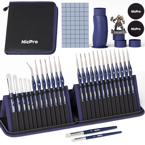 Nicpro Professional Miniature Painting Kit - 25PCS Miniature Paint Brushes Drybrush with Magnetic Painting Handle Model Paint Brushes for Miniatures Model Craft Acrylic Painting with Nylon Bag
