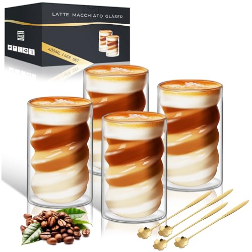 KEHTUNAHT Latte Macchiato Gläser Doppelwandige 400ml 4er Set KaffeegläSer Doppelwandige mit 4 Löffeln Spiralförmig Cappuccino Gläser Eiskaffee Tassen Thermogläser