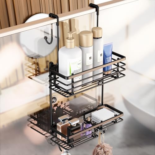 - Organizer da appendere alla porta della doccia senza fori con 2 ripiani e ganci può contenere bagnoschiuma shampoo sapone rasoio asciugamani portaoggetti da bagno nero