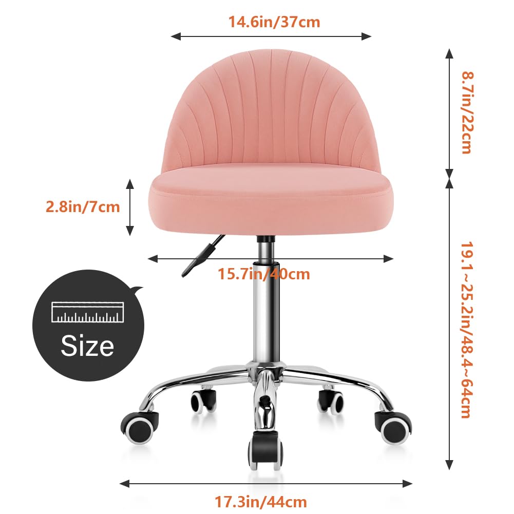 KKTONER Taburete giratorio de terciopelo con ruedas y respaldo ajustable en altura para dormitorio, hogar, maquillaje, cosméticos (rosa)