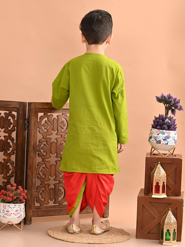 Image of superminis Baby Boy's Handloom Cotton Kurta With Embroidery Around The Neck And Contrast Color Dhoti Clothing Set