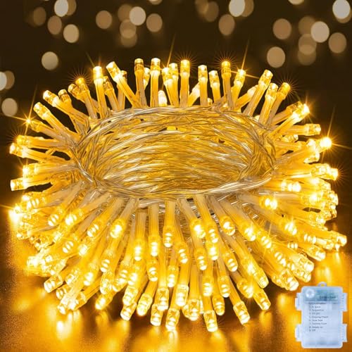 Hopexy Battery Fairy Lights, 10m 100LEDs Fairy Lights Battery Operated with Timer, Waterproof Warm White String Lights with 8 Modes/Indoor Outdoor for Bedroom Wedding Garden Decorations