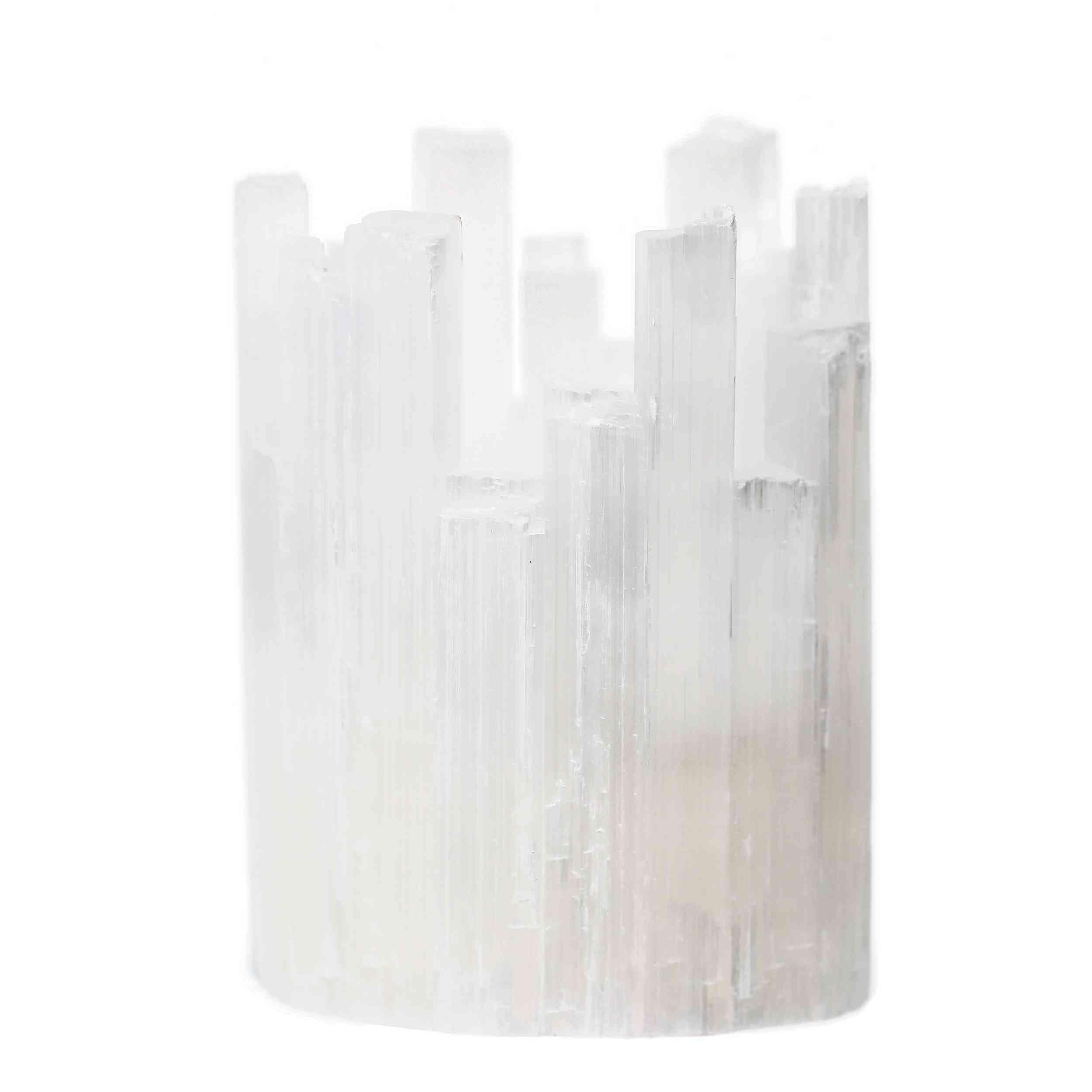 NKlaus 2 portacandele a torre selenite 12,5 x 10 cm – Grande set di portacandele in cristallo per meditazione, lavoro energetico e armonia spaziale