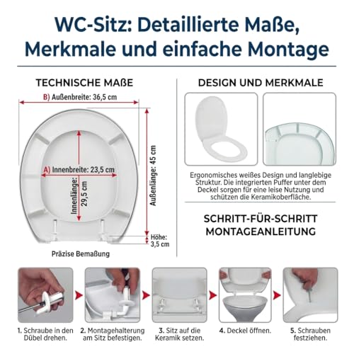 WC-Sitz aus Kunststoff, Weiß, mit Deckel, robuste und pflegeleichte Toilettenbrille, einfache Montage, geräuschmindernde Silikonpuffer, 36,5 x 45 x 3,5 cm