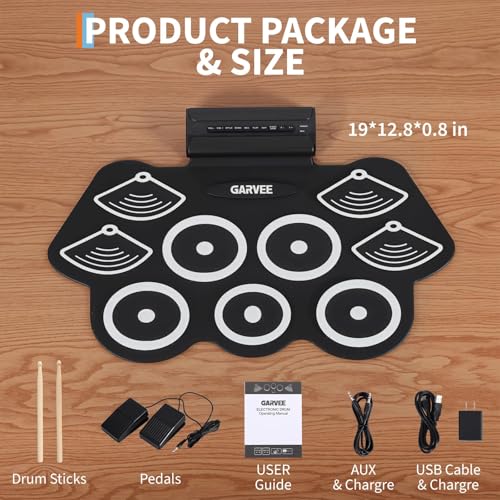 Image of Wireless Electronic Drum Set with 9 Pads, Portable Roll-Up Practice Kit for Kids & Beginners , Built-in Speaker, LED Lights, Recording & Headphone Output ,Includes Kick Pedal, Drum Sticks