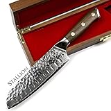 Stallion Kleines Santoku Messer Damast 12,5 cm - Ironwood Series - Damastmesser Santokumesser mit Eisenholz-Griff - Damastzener Stahl Küchenmesser aus bestem Japanischen Stahl - Inkl. Edler Holzbox