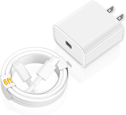 Cargador para iPhone de 6 pies con certificación MFi Fast 20W PD 30 Block con cable USB-C a Lightning de 6 pies compatible con Apple iPhone 14 13 12