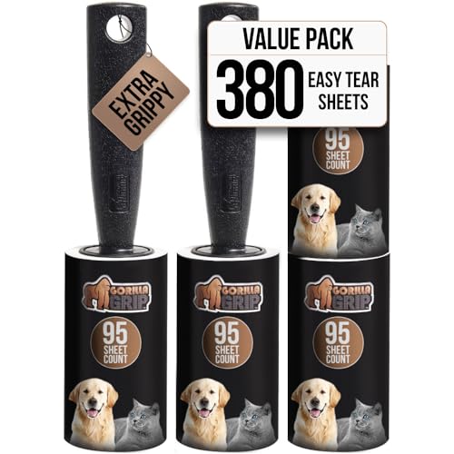 GORILLA GRIP Extra Grippy Lint Rollers, 380 Large Easy Tear Sheets, 2 Comfort Handles + 4 Refillable Rolls Included, Pet Hair Remover Brush, Clothes Furniture, Dog, Cat Animal Friendly Reusable Roller
