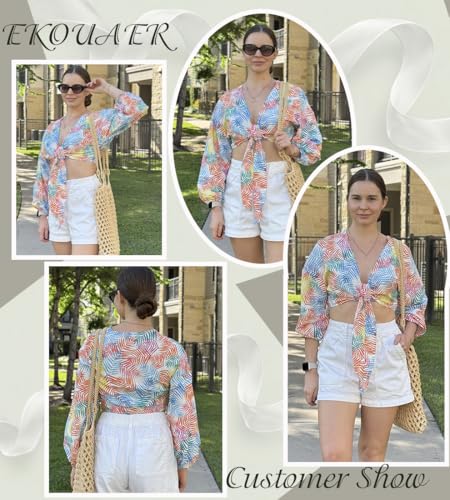 Ekouaer Women's Swimsuit Cover Ups Tie Front Long Sleeve Top Kimono for Women Bikini Shirt Summer Cardigan — view 3