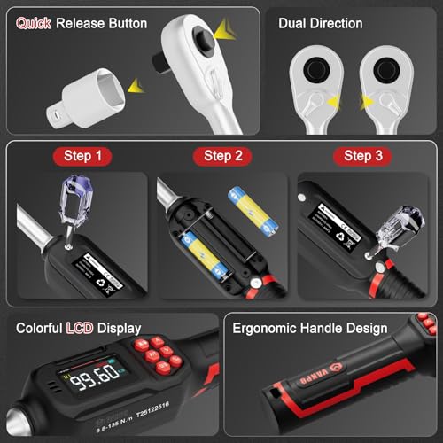 Image of VANPO Digital Torque Wrench 3 /8-Inch,5-99.6 Ft-Lb for Bike, Motorcycle | 6.8-135 Nm, Electronic Torque Wrench with Color Screen,Buzzer and LED Alertm, Preset & Data Storage forAutomotive Maintenance