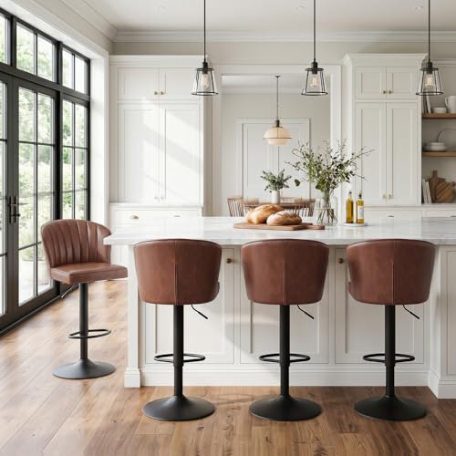 Image of EALSON Swivel Counter Height Bar Stools Set of 4 Modern Adjustable Bar Chairs with Back Leather Upholstered Barstools with Metal Base Comfortable Island Chairs for Kitchen Counter /Pub, Brown