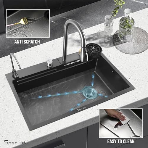 Image of Kitchen Sink 24x18x9 inch Waterfall Sink with Anti Scratch Honeycomb Design | Integrated Waterfall and Pull-down Faucet Set | Stainless Steel Basin Sinks with Cup washer and Drain Baskets
