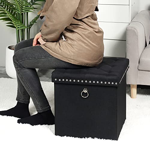 B Fsobeiialeo Storage Ottoman Cube With Metal Ring Pulls, Foldable Storage Chest Box Storage Ottoman With Tray For Living Room, Linen, Black, 15.7"X15.7"X15.7" #TOP4