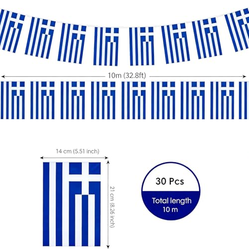 Image of AhfuLife 30 Pcs Greece String Flags for Independence Day Decorations, Small Greek Flag Bunting Banner - Double Sided for National Day Festival Party Decorations (5.5x8.3 Inch-33 Ft)