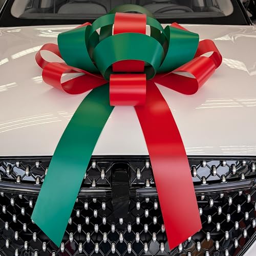 Image of CarBowz Big Car Bow for Car Decorations and Birthday Car Gifts, Large Bow Ribbon, Magnet, Car Safe Sticker Included, Fully Assembled 30 inch Wide Huge Bow, No Suction Cup Needed (Red /Green)