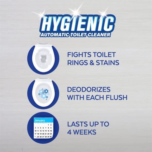 Diagram showing how Lysol Hygienic Automatic Toilet Cleaner fights toilet rings and stains, deodorizes with each flush, and lasts up to 4 weeks.