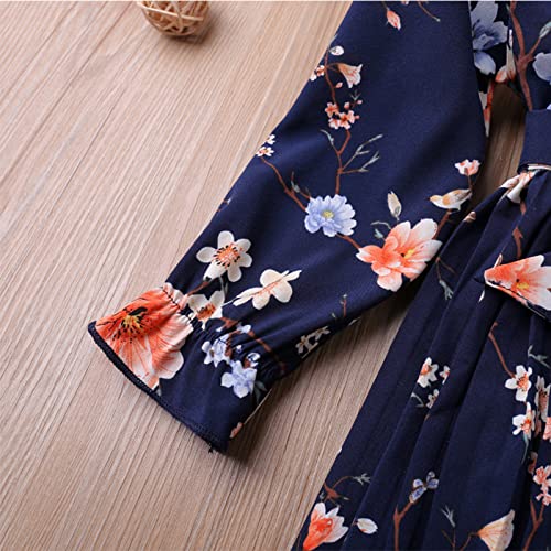 Vestido de verão para meninas, casual, gola redonda, manga comprida, estampa floral, solto, liso, ve