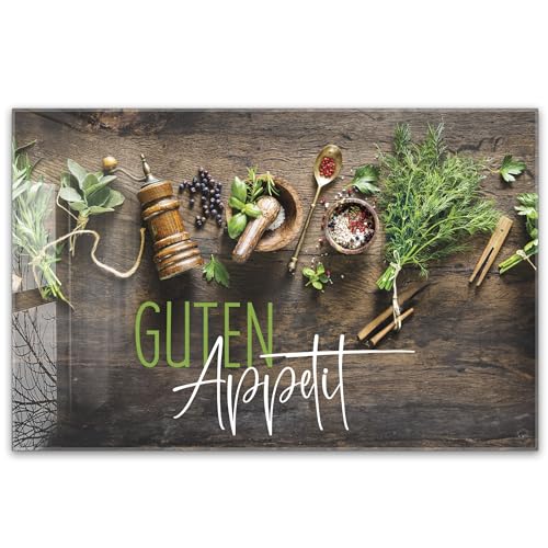 Herdabdeckplatte 80x52 cm einteilig aus 4mm ESG Glas | Kräuter& Gewürze auf rustikalem Holztisch Guten Appetit | Herd Abdeckung Abdeckplatte Induktion Schneidebrett Glasplatte für Ceranfeld
