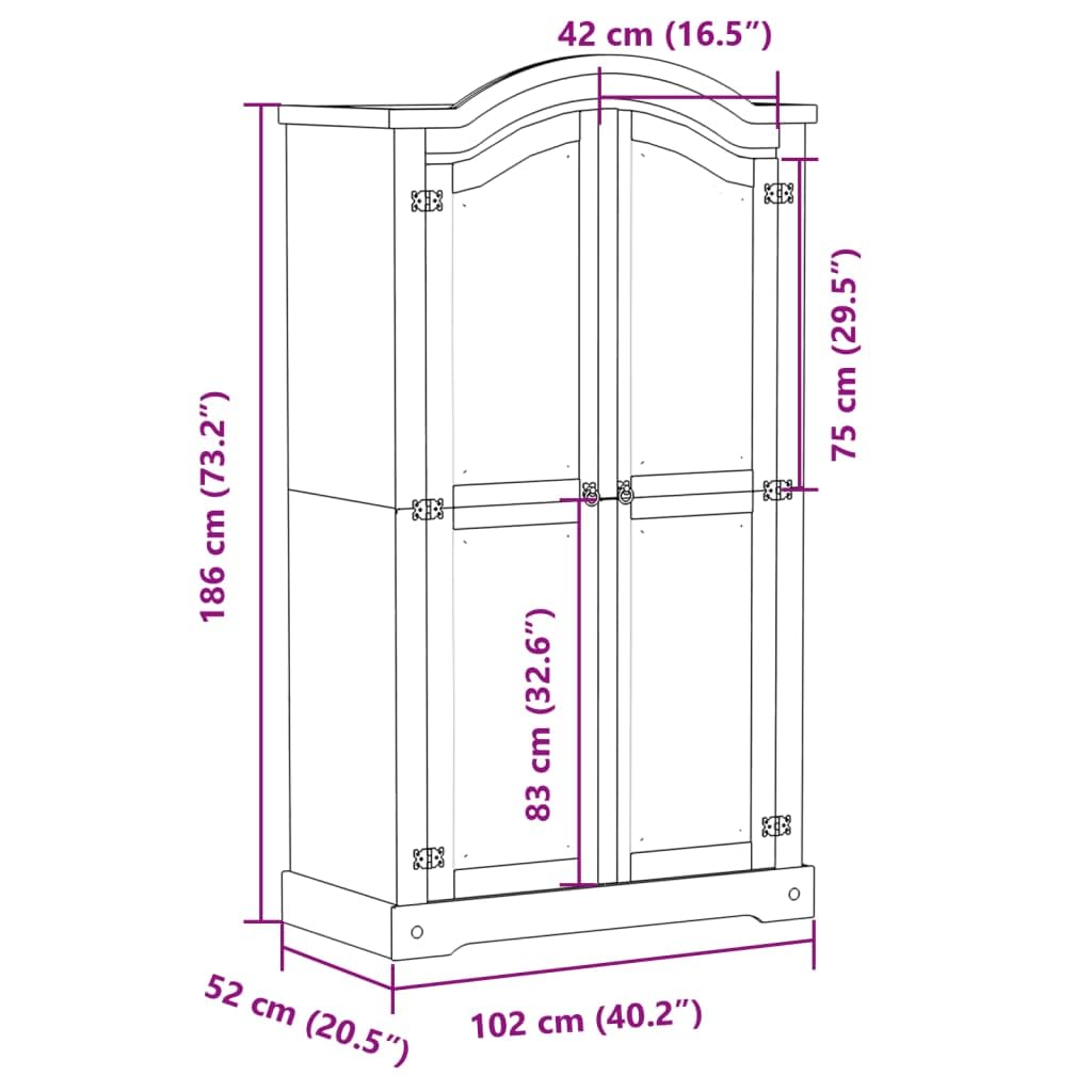 Armadio Corona bianco, 102 x 52 x 186 cm, in legno massello di pino con vano portaoggetti, maniglia in metallo, durevole, design rustico, ideale per camera da letto, corridoio, cameretta dei