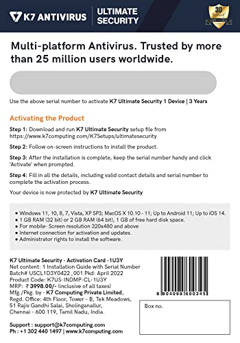 Image of K7 Ultimate Security Antivirus Software 2026 | 1 Device, 3 Years| Email Delivery within 2 hours
