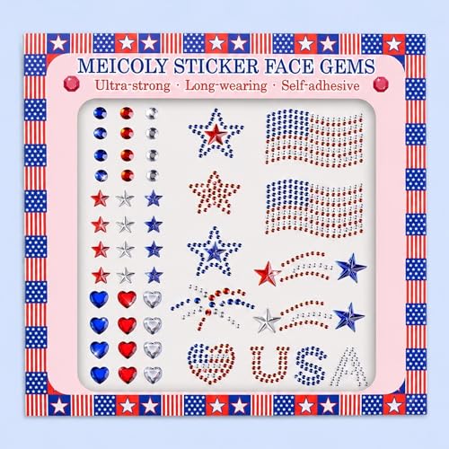MEICOLY 4th of July Face Gem Self Adhesive Hair Gems Jewels Rhinestone Stickers Red White Blue Heart Star Glitter Fourth of July 3D USA Flag Face Stars