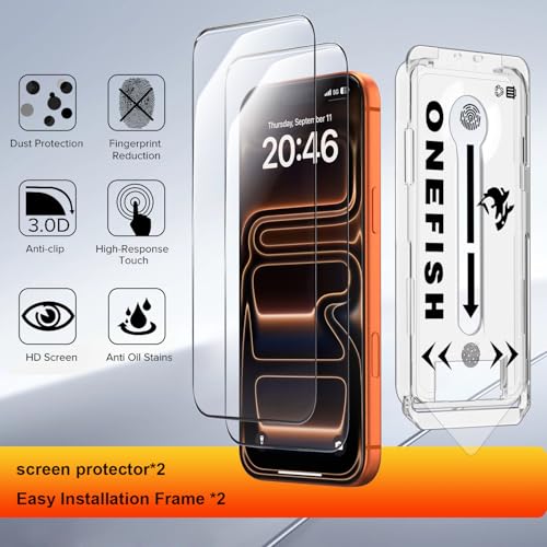 Image of OneFish for iPhone 17 Screen Protector 6.3 inch HD Clear Tempered Glass Full Coverage, 9H Hardness Scratch Resistant, Easy Installation, 2 Pack