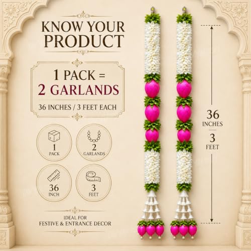 Image of Divyakosh BuilderCoach 2 Pack Decorative Door Hanging, 3 Feet (36 Inches) Each, Floral Toran with Pink Lotus Buds, White Flowers & Green Foliage, Festive Pooja, Ganpati & Entrance Decor