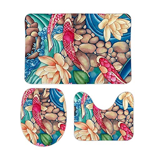 HOTLIFE-234 Koraal Fluwelen Vloermat Drie Sets Koi Pond Up Inclusief 60X40cm Hoge-absorberend Toilet Zitting En 50X40cm Microvezel Zachte Fluffy Badkamer Tapijt, Antislip Mat Wasbaar