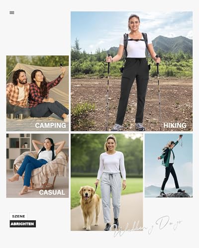 33,000ft Wanderhose Damen Outdoorhose Wasserabweisend Trekkinghose mit 5 Taschen Leichte Cargohosen Atmungsaktiv Funktionshose für Camping Laufen Schwarz 29L-XL