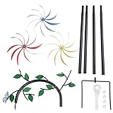 Large Metal Wind Spinner with Three Spinning Flowers Butterflies Windmill Wind Sculpture for Outdoor