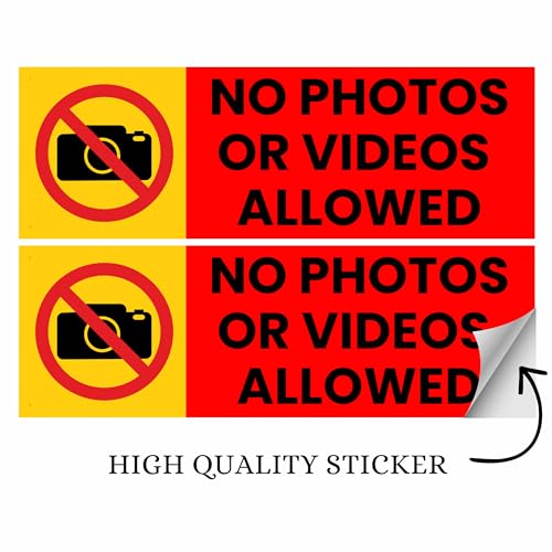 Image of No Photos Or Videos Allowed Sign Sticker (20.5 x 7 CM) - Pack of 2 | Peel & Stick Sign Board with 4 Corner Holes | Wall, Office, Shop, School, CCTV Area Notice (No Photos Or Videos Allowed, Small - 20.5 X 7 CM)