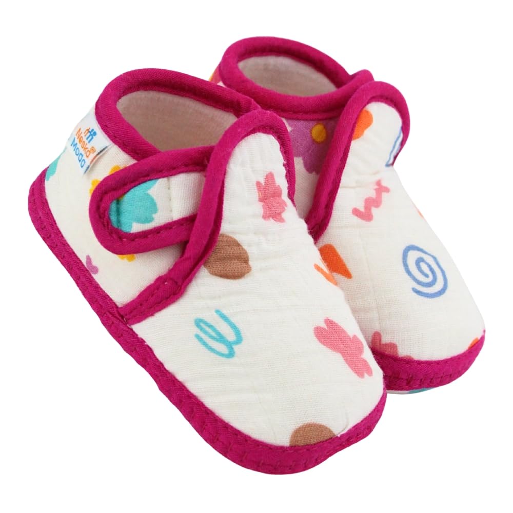 neska moda 6 To 12 Months Baby Boys & Baby Girls Skin-friendly Muslin Floral White,Pink Hook & Loop Shoe Booties-BT5556-picture-12