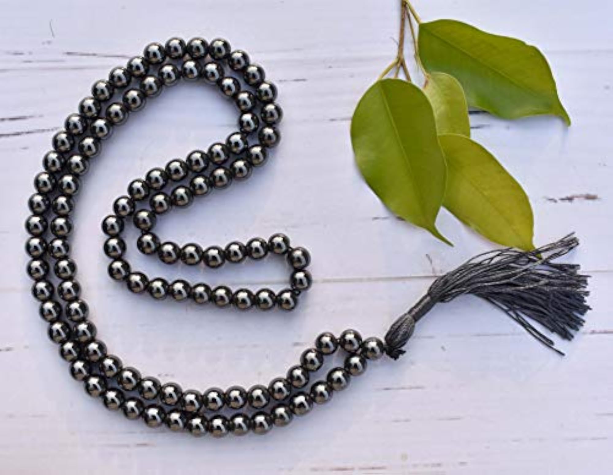 Natural Hematite Healing Crystal Mala, 34 Inch, 108 Beads