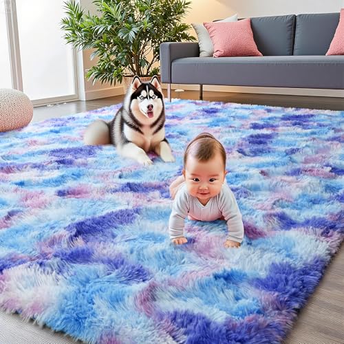 Image of junovo Washable, Non-Slip Area Rug, Soft Rainbow Area Rug for Girl's Room, Children's Play mat, Baby Girl Bedroom Nursery Home Bedroom, 3ft x 5ft Tie-Dyed Purple