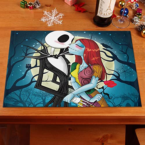 4Pcs Christmas Placemats, Skellington Jack And Sally Placemats, Heat Resistant Washable Table Place Mats For Kitchen Dining Table, Nightmare Before Christmas Decorations And Supplies Dinner Table Mats #TOP2